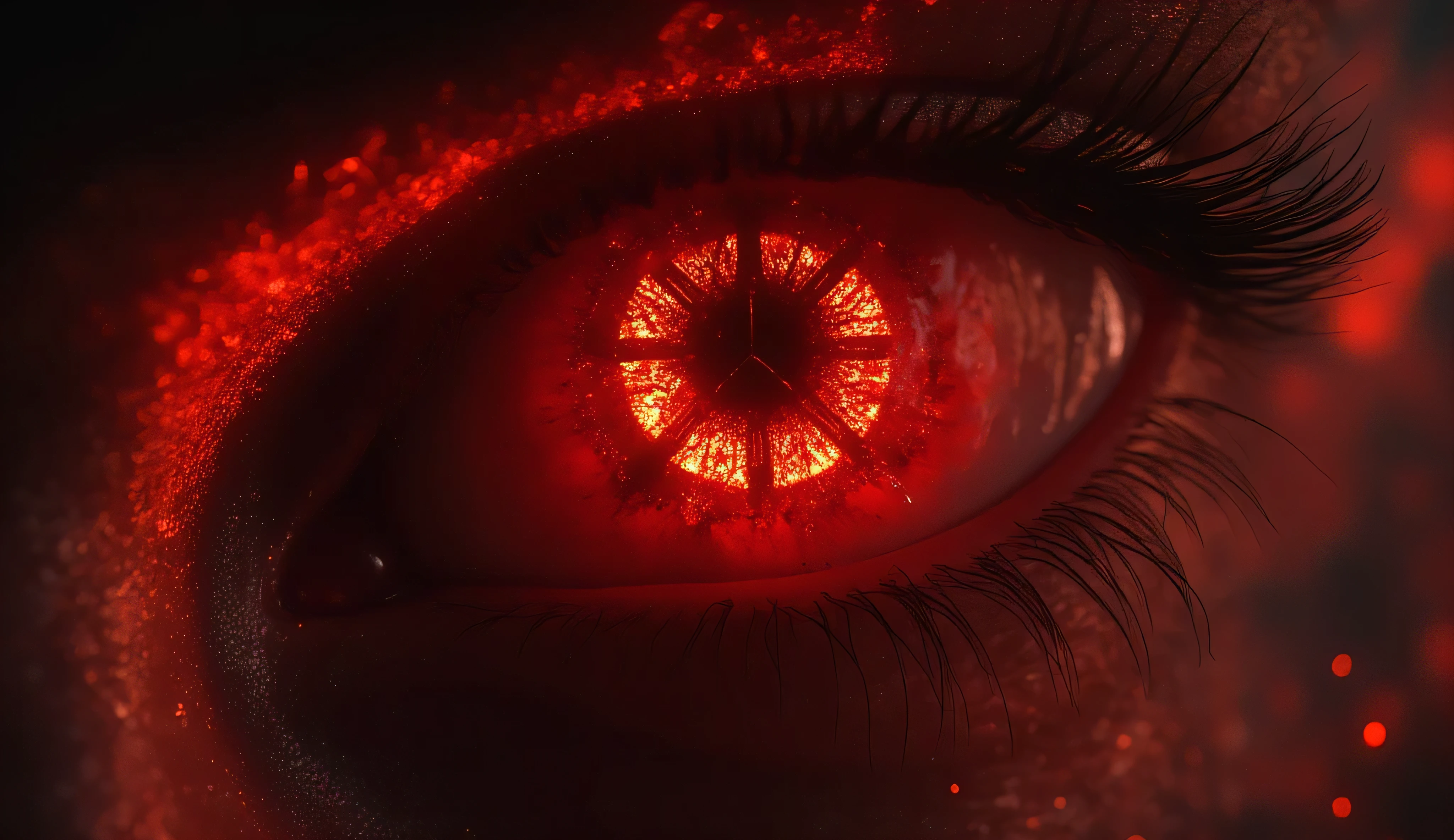 A red human eye. A bloody mystical symbol is visible in the pupil. Tears of blood, fire. Close-up of the human eye. Darkness, sparks. horror.Armageddon. the end of the world. horror. A crimson sunset, scarlet clouds in a black sky. A bonfire is burning. the ruins of the city. The gate to hell