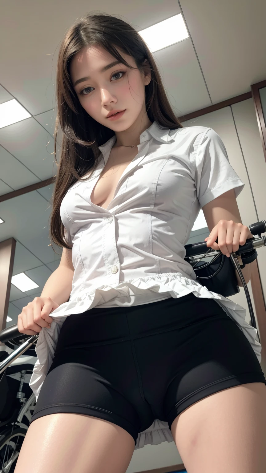 8k, RAW portrait (mixed Euro-American woman),masterpiece、Photoreal:1.2、realistic, ultra high resolution, highest quality, real life photos ,( in the evening :1.1), ((((1 Asian woman:1.5))))、Asian woman with long smooth hair, office lady, wearing skintight elegant casual clothes, girl in sexy office suit, wearing a sexy black blazer, cleavage cutout, micro skirt, sexy office clothes、(((bkshrtus, short skirt))), long hairstyle, slender body, By the window in the office、 ((dark brown eyes:1.2))、(real skin texture:1.3)、(An immersive atmosphere:1.2、Chiaroscuro:1.2) 、(look viewer:1.4)、((embarrassed look:1.4))、((red cheeks:1.3))、((From below ceiling:1.35))、(smile:1.2)、((wearing bike shorts))、((lifting up skirt)), ((Roll up your skirt yourself))、((from below:1.45))、((close-up of crotch:1.62))、((Photos that highlight fit bike shorts:1.5))、((spread your legs to the side:1.4))