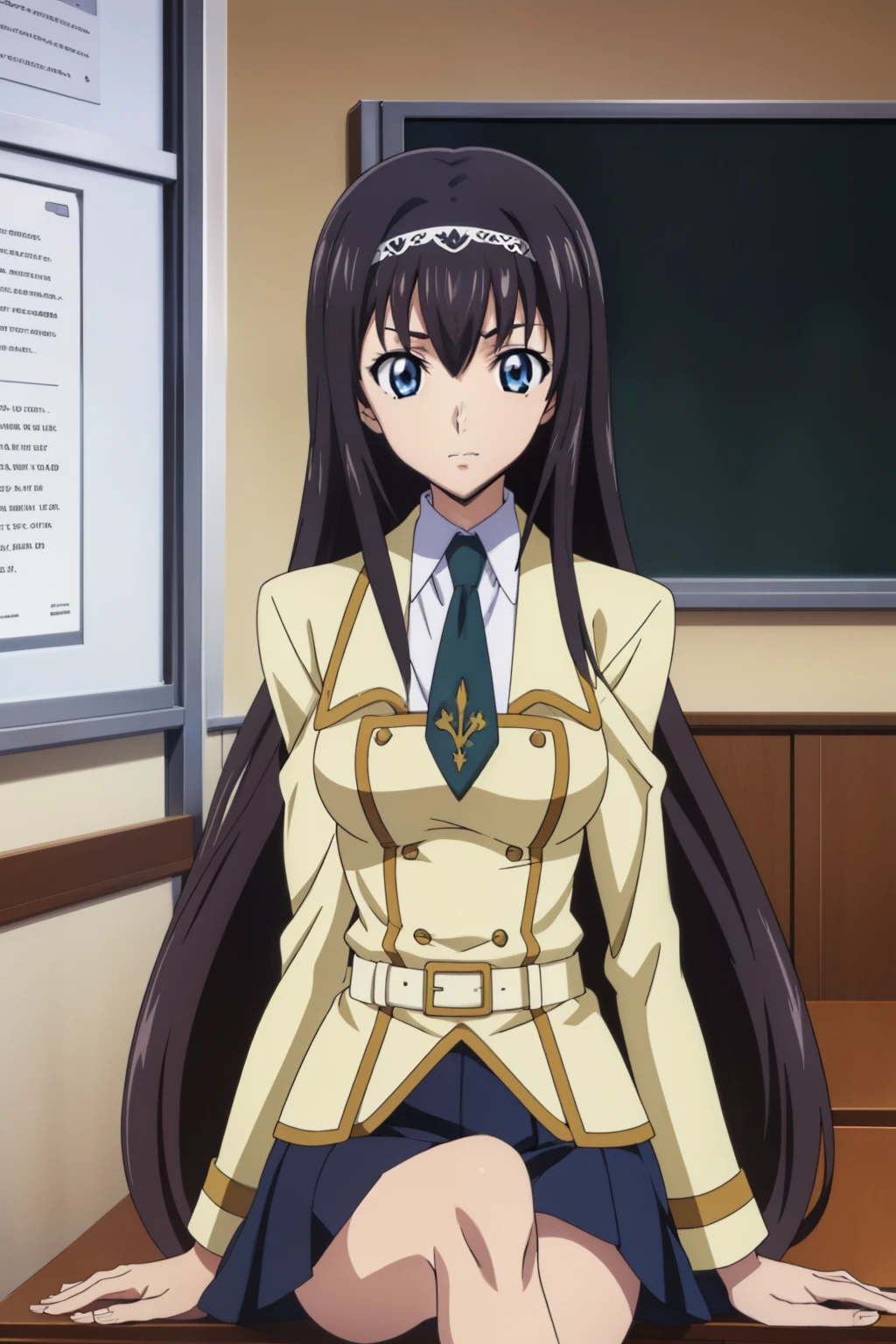 1 girl, cute, black hair, long hair, ((髪band)), (Sitting in a lecture room at the school and writing a sentence in a notebook), (School Uniform), (In a lecture room at the school), (anime cels style, Masterpiece, best quality, high resolution, anime colored, megami magazine:1.2, anime poster style, anime keyvisual, sharp, 8k, photorealistic), beautiful eyes