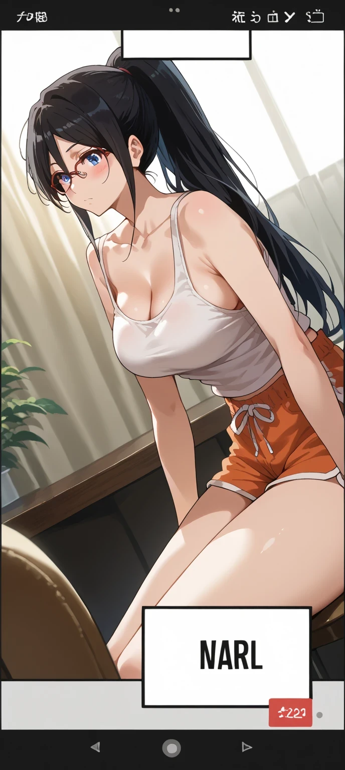 score_9, score_8_up, score_7_up, source_anime,
asukatanaka, asuka tanaka, long hair, black hair, blue eyes, glasses, semi-rimless eyewear, red-framed eyewear, over-rim eyewear, hair between eyes, large breast, 1girl, breasts, cleavage, long_hair, black_hair, shorts, large_breasts, ponytail, solo, sitting, tank_top, red_shorts, blush, bangs, thighs, white_tank_top, indoors, bare_shoulders, collarbone, black_eyes, closed_mouth, short_shorts