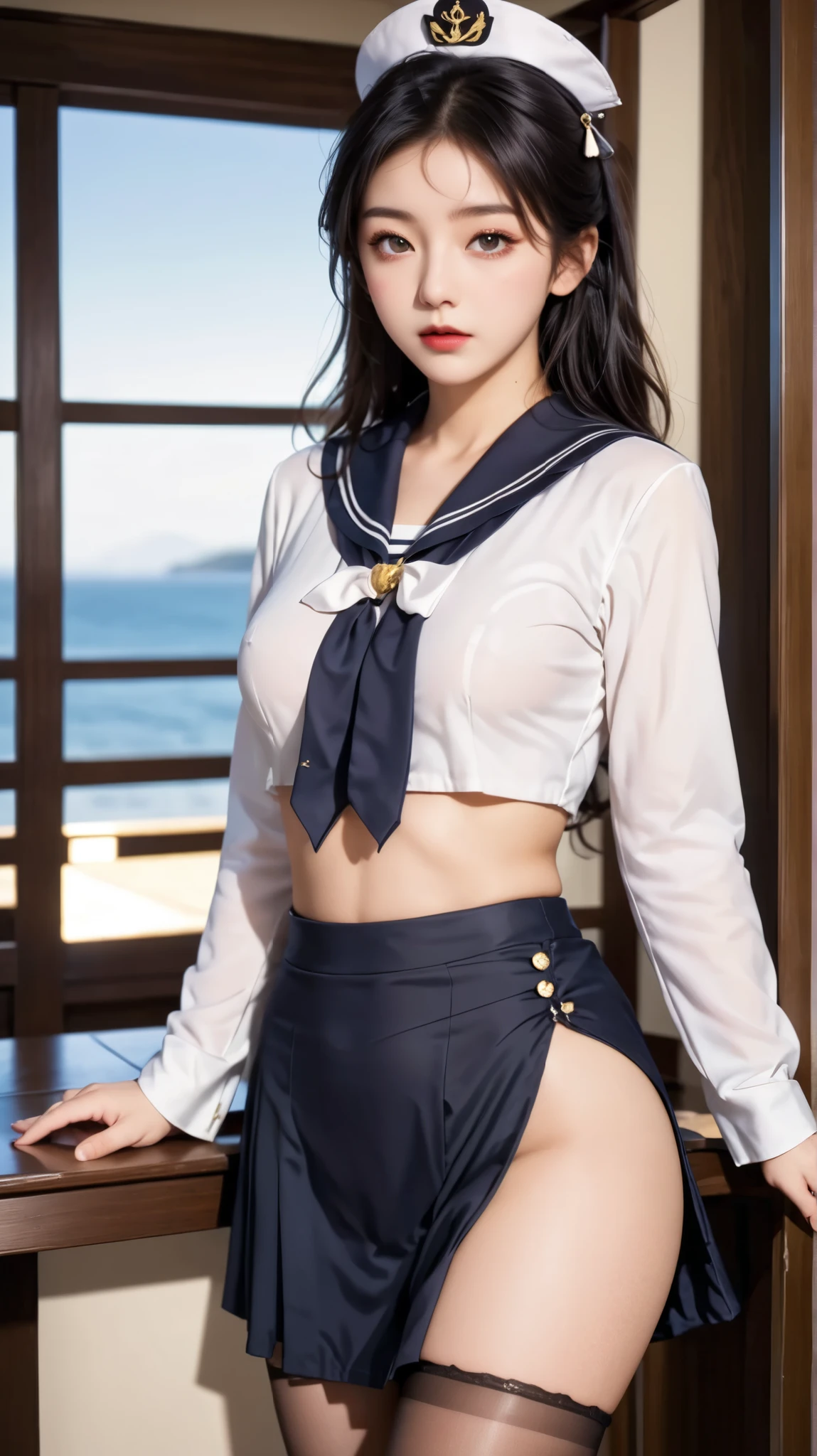 classroom, ((( sailor suit)))、 girl, The Eyes That Seduce Viewers, Shine, Shine, masterpiece, The sweet taste of temptation, nice, masterpiece, best quality, Shadow, S-Core_9, S-Core_8_up, S-Core_7_up、(gigantic breast:1.1)、 black hair、 standing 、(Big Eyes)、(skirt)、Small waist、(Very long legs)、 black stockings、(Breasts covered with clothes)、takeda hiromitsu style, Fingering、ass Fingering、 garter belt