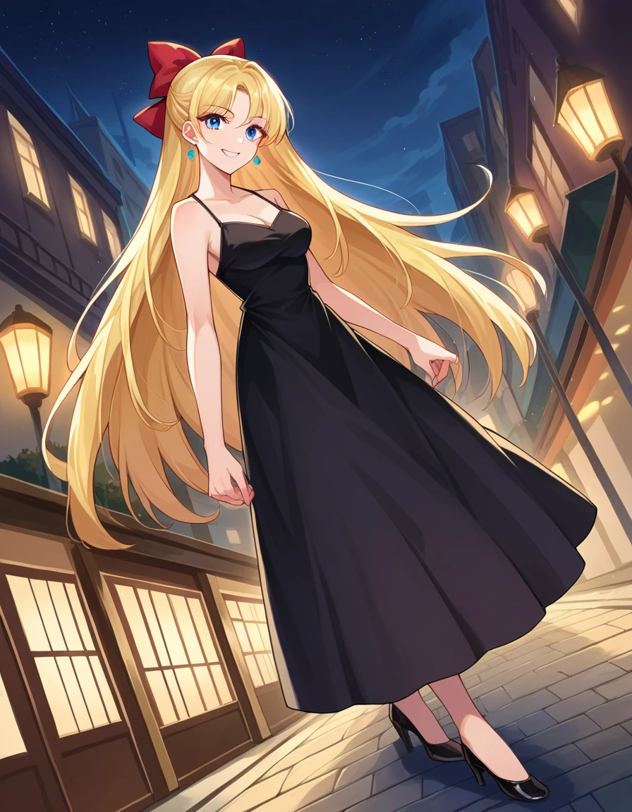 score_9, score_8_up, score_7_up, source_anime, masterpiece, best quality, very aesthetic, absurdres, aavenus, long hair, blonde hair, hair bow, blue eyes, earrings, taut dress, spaghetti strap, black dress, sleeveless, night, street, standing, cowboy shot, medium breast, smile, looking at viewer, cowboy shot, dutch angle, black high heels, full body
