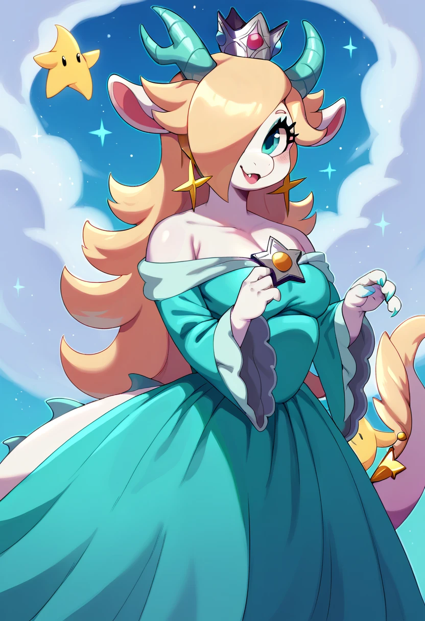 score_9, score_8_up, score_7_up, mis'alia, 1girl, furry female, white skin, dragon girl, horns, snout, tail, rosalina \(cosplay\), crown, dress,  star \(sky\), portrait,S2Z0n1c21.5XL style
