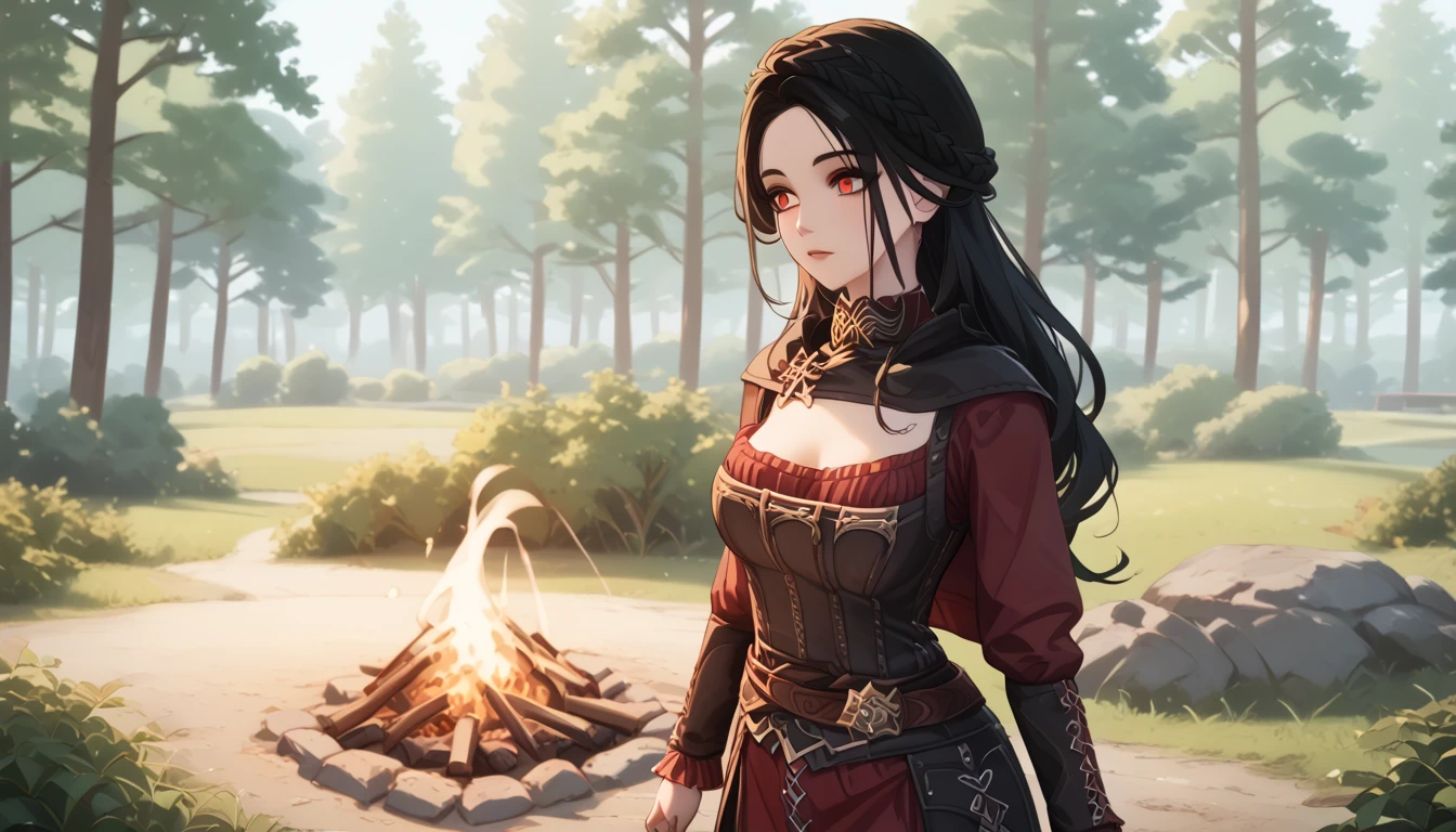 quality　 wallpaper　8k　 CG animation、realistic、(masterpiece、最高quality、 very beautiful 、 super detailed)、 complex details、old nordic town、Skyrim、Port、red eyes、Alone、1l,black hair、long hair、vampire gir、(meadow、forest)、night sky、star night、Campfire、Warm glow、1girl, Port、Dovahkiin 、Skyrim