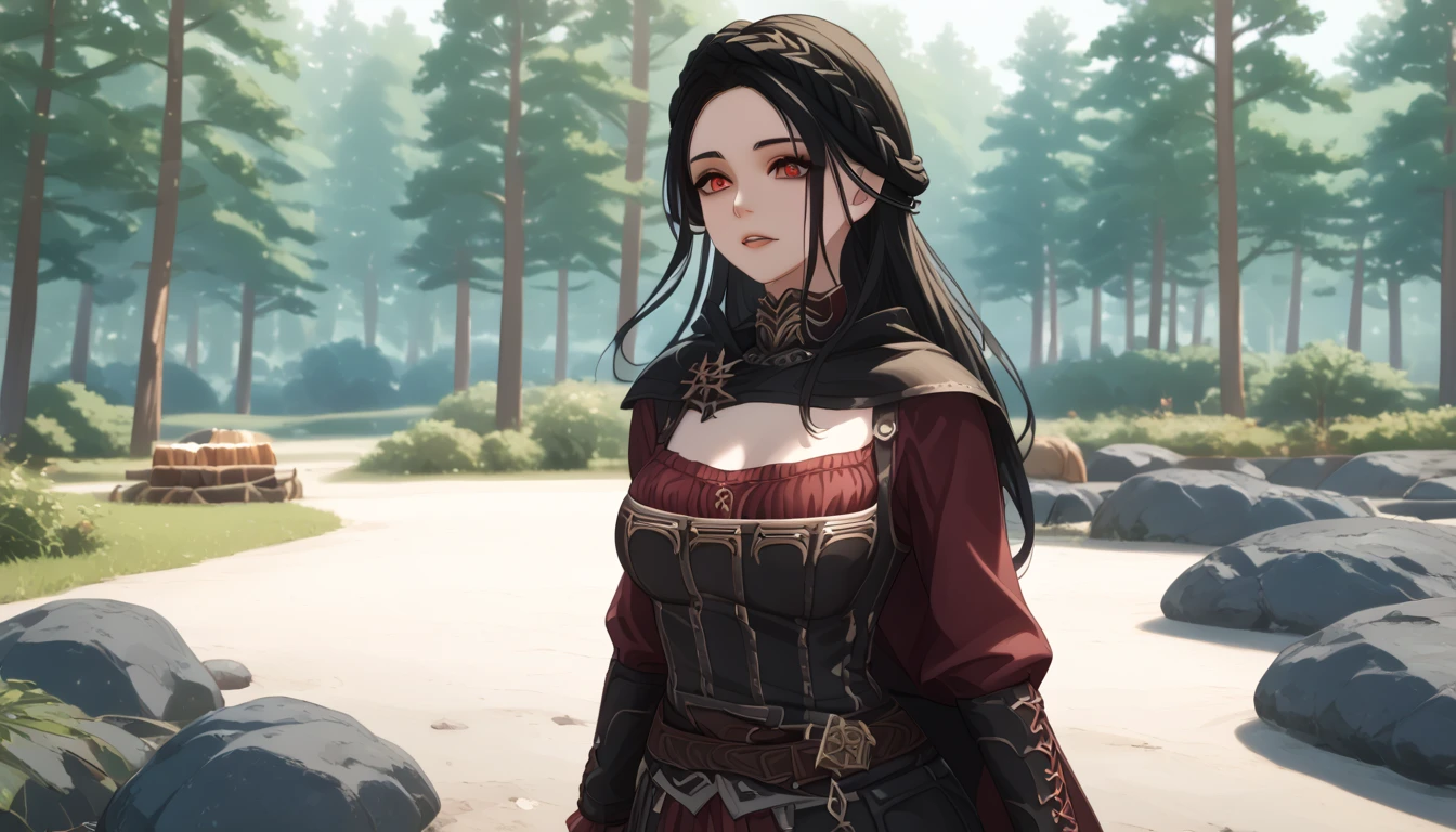 quality　 wallpaper　8k　 CG animation、realistic、(masterpiece、最高quality、 very beautiful 、 super detailed)、 complex details、old nordic town、Skyrim、Port、red eyes、Alone、1l,black hair、long hair、vampire gir、(meadow、forest)、night sky、star night、Campfire、Warm glow、1girl, Port、Dovahkiin 、Skyrim