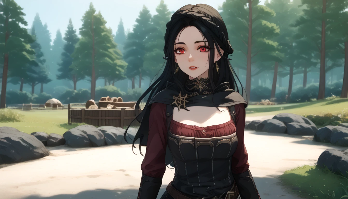 quality　 wallpaper　8k　 CG animation、realistic、(masterpiece、最高quality、 very beautiful 、 super detailed)、 complex details、old nordic town、Skyrim、Port、red eyes、Alone、1l,black hair、long hair、vampire gir、(meadow、forest)、night sky、star night、Campfire、Warm glow、1girl, Port、Dovahkiin 、Skyrim