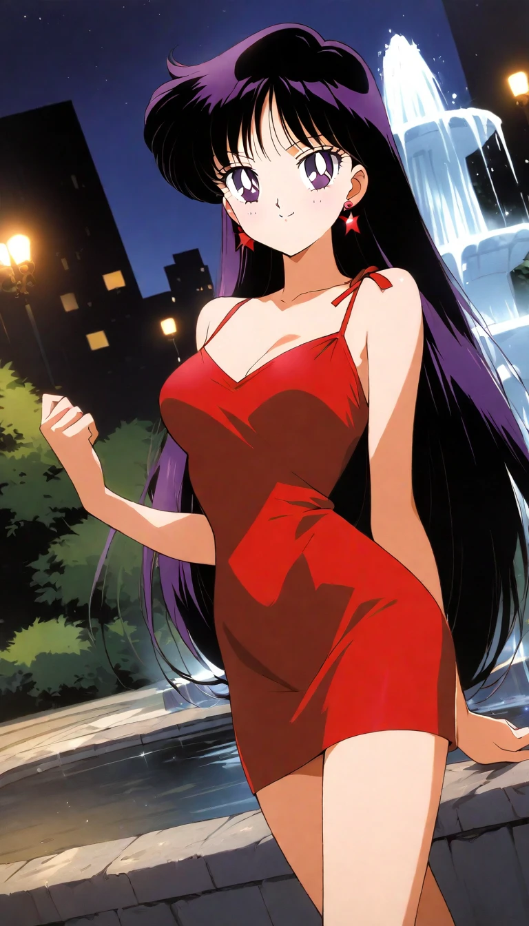 aamars, very long hair, black hair, parted bangs, purple eyes, 1990s \(style\), 1 girl, solo, Best quality, masterpiece, High Definition, earrings, taut dress, spaghetti strap, red dress, sleeveless, night, in the city park, standing, medium breast, bare shoulders, smile, a water fountain, shooting stars, cowboy shot, dutch angle, black high heels, full body