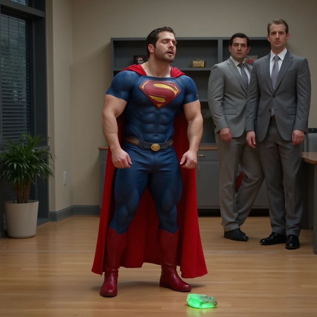 a muscular attractive h3nr4, Henry Cavil with Short stubble in a blue and red superhero costume with a prominent yellow 'S' emblem on the chest, crawling on a wooden floor, orgasm face, eyes closed, mouth open, head down, small glowing green rock on the floor. In the background, there is a blurred view of a modern office setting with shelves and a potted plant. Another person, only partially visible, stands nearby, wearing a gray suit and black shoes