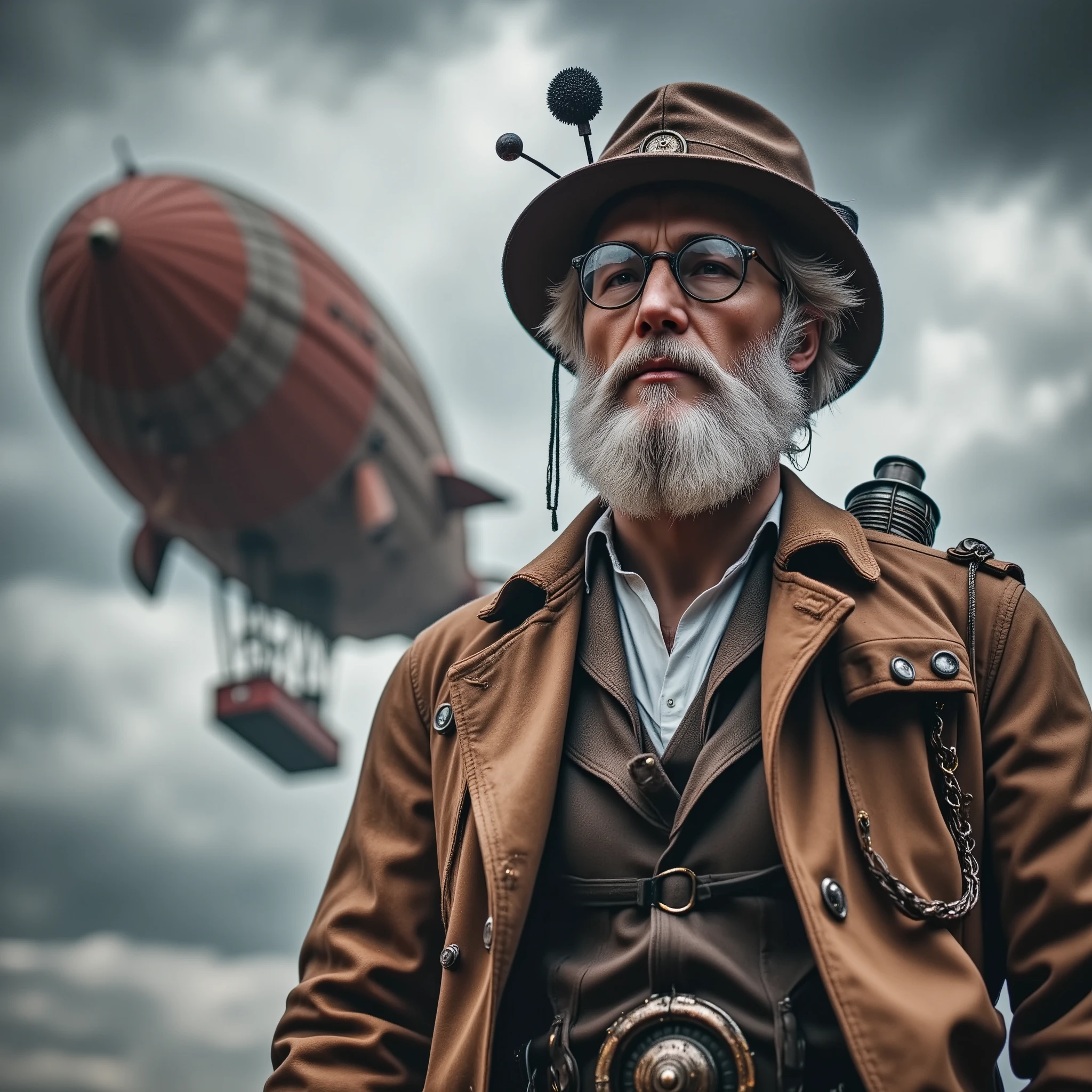   there is a man wearing a hat and glasses in steampunk style steampunk clothing  , standing in front of a zeppelin ,  seen from below you can see the steampunk zeppelin flying sepia photography colors earth, a colored photo of Itshak Holtz  , presented at CGSociety, retrofuturism,  steam punk aesthetic , in a  vapor punk world ,  wearing vapor punk attire ,  vapor punk world ,  steam punk male portrait ,  steam punk engineer , steam punch, (vapor punk), ( vapor punk ),   in the style of steam punk  , Steam punk was ,  steam punk style 