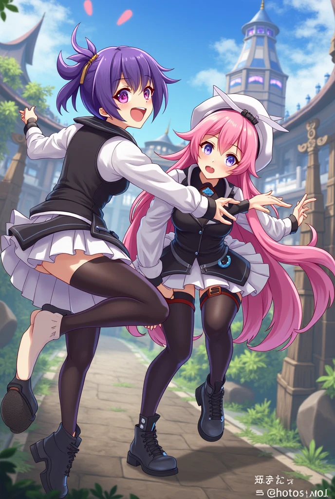 Girl with pink hair, long twin-tail hairstyle, small bushy eyebrows, wearing gothic lolita clothing, lolicon (Zankuro) drawing style by zankuro artist, Zancrow style, image uploaded to R34, walking to school, flirty smile, watching a girl suddenly having sex in public