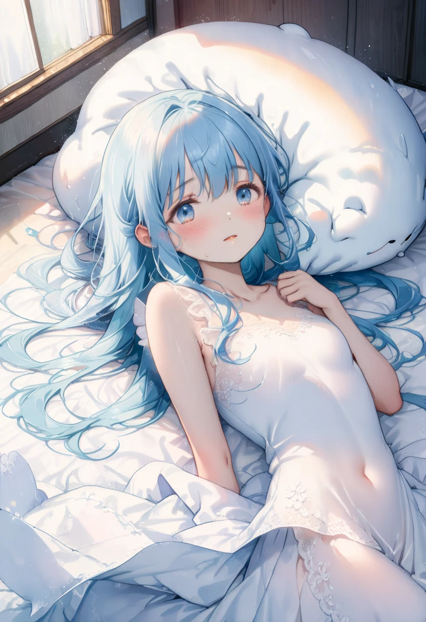 masterpiece, best quality, extremely detailed, (illustration, official art:1.1), 1 girl ,(((( light blue long hair)))), ,(((( light blue long hair)))),light blue hair, , long hair ((blush)) , cute face, big eyes, masterpiece, best quality,(((((a very delicate and beautiful girl))))),Amazing,beautiful detailed eyes,blunt bangs((((little delicate girl)))),(((tareme))),(((shy,droopy eyes))).(true beautiful:1.2), sense of depth,dynamic angle,,,, affectionate smile, (true beautiful:1.2),,(tiny 1girl model:1.2),)(flat chest), (score_9,score_8_up),
best quality,masterpiece, source_anime,rating_explicit,(watercolor:0.8),full body shot,,diagonal angle
BREAK
1 girl,arched back:1.4,armpit,grabbing pillow,orgasm,closed eyes,open mouth,nude,on bed, cute face, pretty,with 1man, missionary sex,grabbing waist,lifting up waist,deep penetration,twisted body,
(heavy breath),motion line:1.1,sweat,steam,nude,(sound effect:1.5),bouncing breast.zoom out,