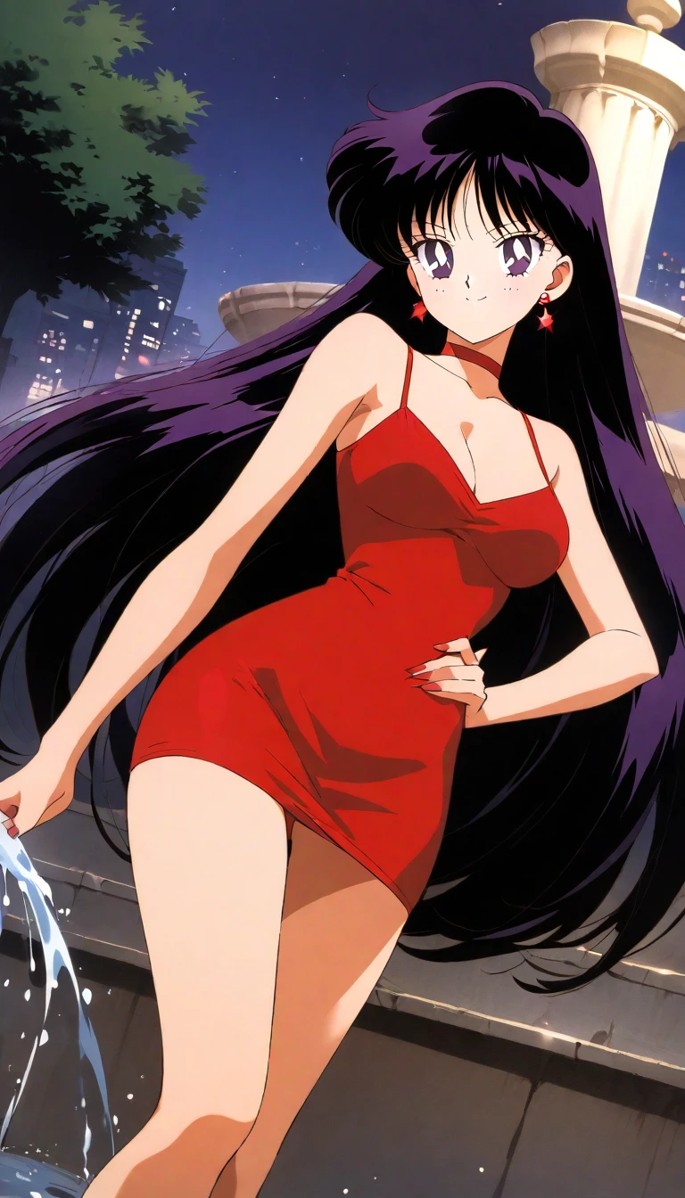 aamars, very long hair, black hair, parted bangs, purple eyes, 1990s \(style\), 1 girl, solo, Best quality, masterpiece, High Definition, earrings, taut dress, spaghetti strap, red dress, sleeveless, night, in the city park, standing, medium breast, bare shoulders, smile, a water fountain, shooting stars, cowboy shot, dutch angle, black high heels, full body