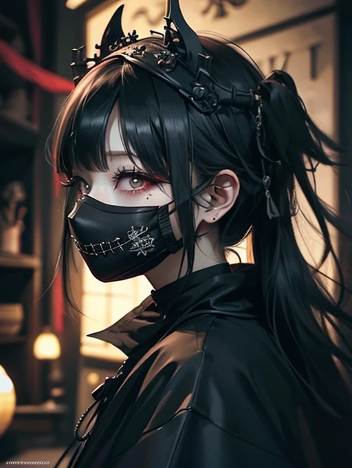 Highest quality、8k、masterpiece:1.3、Gothic Punk、The inside color is red、Black-haired、hair ornaments、Beautiful girl、creative、Dark Fantasy Style、Goth Fashion:1.2、Fine skin、Sharp focus、(Cinematic lighting)、Realistic textured hair、((Black Mask)),Whole Body Ezbian、