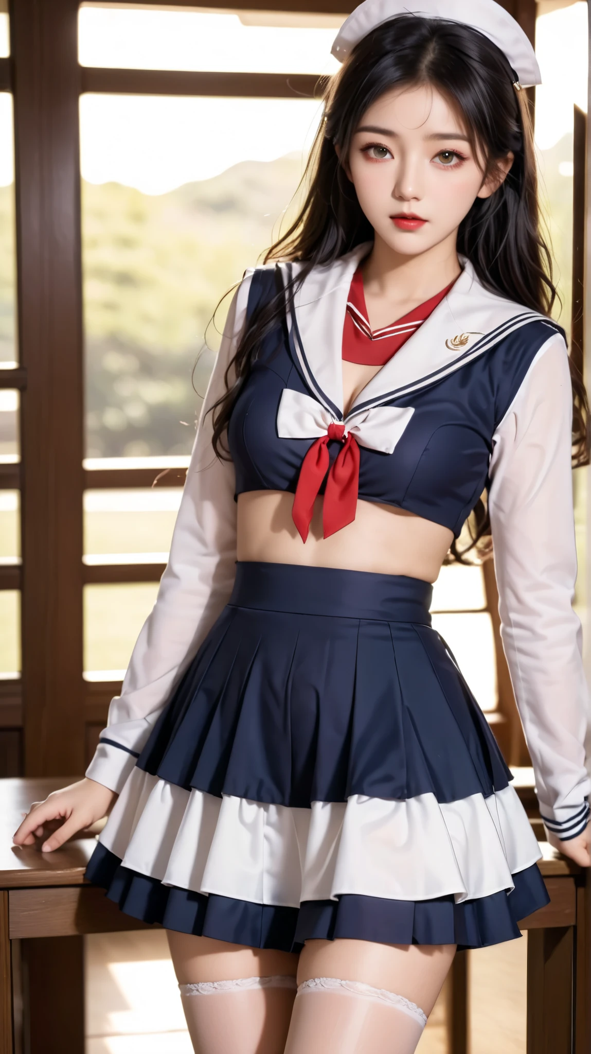 classroom, ((( sailor suit)))、 girl, The Eyes That Seduce Viewers, Shine, Shine, masterpiece, The sweet taste of temptation, nice, masterpiece, best quality, Shadow, S-Core_9, S-Core_8_up, S-Core_7_up、(gigantic breast:1.1)、 black hair、 standing 、(Big Eyes)、(skirt)、Small waist、(Very long legs)、 black stockings、(Breasts covered with clothes)、takeda hiromitsu style, Fingering、ass Fingering、 garter belt