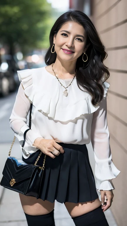 full body shot, from below,  japanese mature, 48 years old,  detailed face , Facial wrinkles, Wrinkles around the eyes, smile,  Detailed Skin Textures ,  white skin,  DARK MAKEUP ,  long hair, curvy body,  plump thighs, (earrings,  Necklaces ,  white blouse with ruffles: 1.2), (pink pleated micro mini skirt:1.2), (black thighhighs,  wearing high heels:1.2), (Standing on the sidewalk,  full body shot from toe to head wearing black high heels:1.2), (surrealism, best quality, ultra detailed, absolutely resolution, 8k, anatomically correct), depth of field, looking at viewer, tachi-e, (bimajo ), (kz), full body,  detailed face 