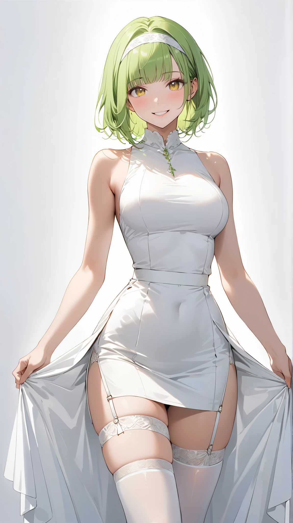 (beste-Qualit, 8K, 12), 1 girl, tatsumaki, Short Hair Hair, green hair, medium breast, the perfect body, ultra detail face, detailed lips, Slender Eyes, white dress, enticing, Excited, convex areolas, in heat, Milf, steam, Sex, trembling, , Looking Up, From directly above, ahegao, Wet