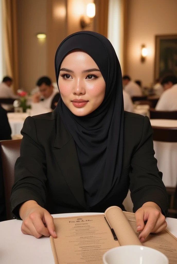  A Taiwanese woman in an Islamic hijab . his face is serious. MUSCULAR arms seen to the camera live .  Sweat drips a lot on her skin ,  and her expression a mixture of serious and humor .  She is wearing a simple suit outfit that is Aesthetic and realistic,  but the scene has a funny and exaggerated comic effect. sit on a chair. On the table are many food menus .  The background is a fancy restaurant , adds humor to the situation .