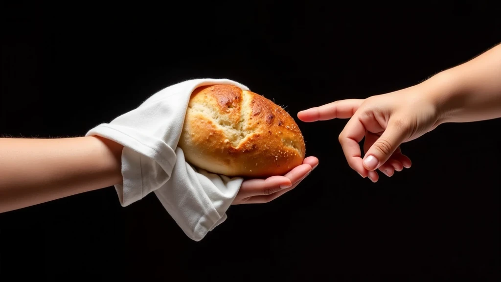 Inspired by the films in the posters and characters of Disney fix in 3D in high resolution and high quality create a close-up image of a hand of a light brown  girl extending her hand with bread wrapped around it in a white cloth on the other side a small hand of a baby stretches out and touches the bread with her finger all black background