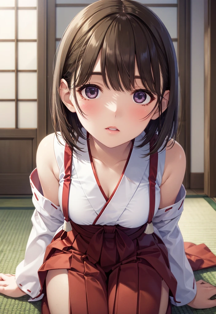 1girl,short hair,masterpiece,best quality,8K,photorealistic,detailed face,beautiful face,detailed skin,seikomatsuda,miko dressing,miko,red hakama,(full body),