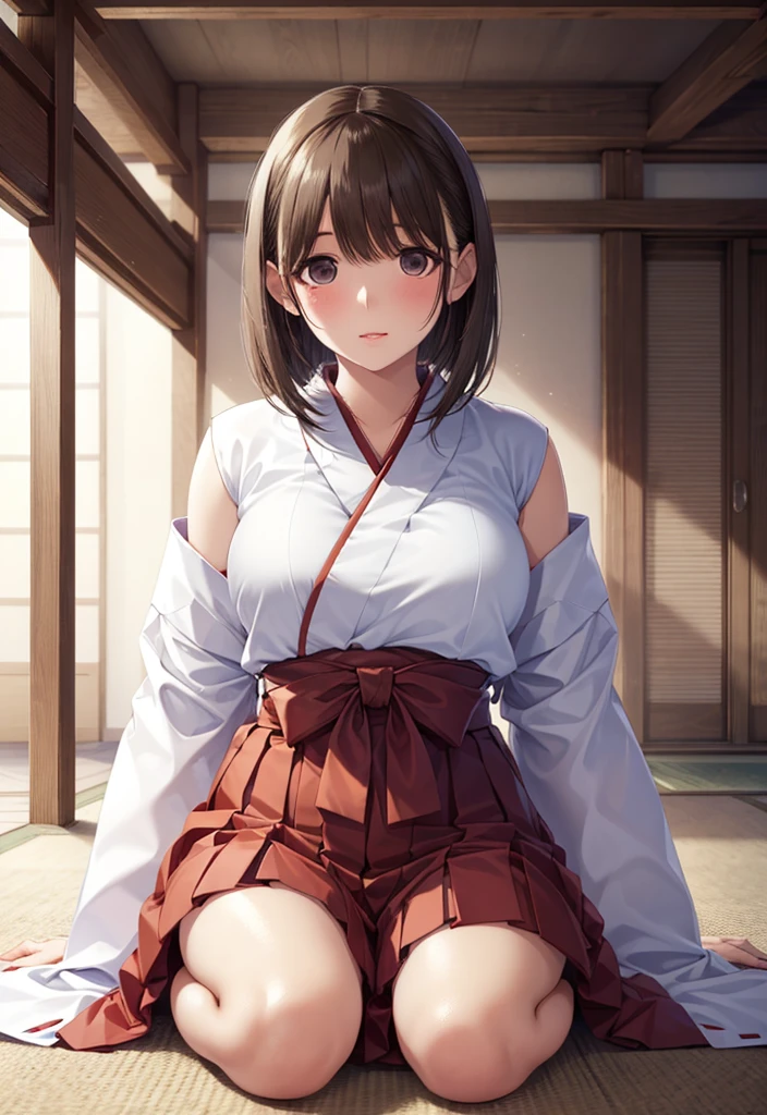 1girl,short hair,masterpiece,best quality,8K,photorealistic,detailed face,beautiful face,detailed skin,seikomatsuda,miko dressing,miko,red hakama,(full body),