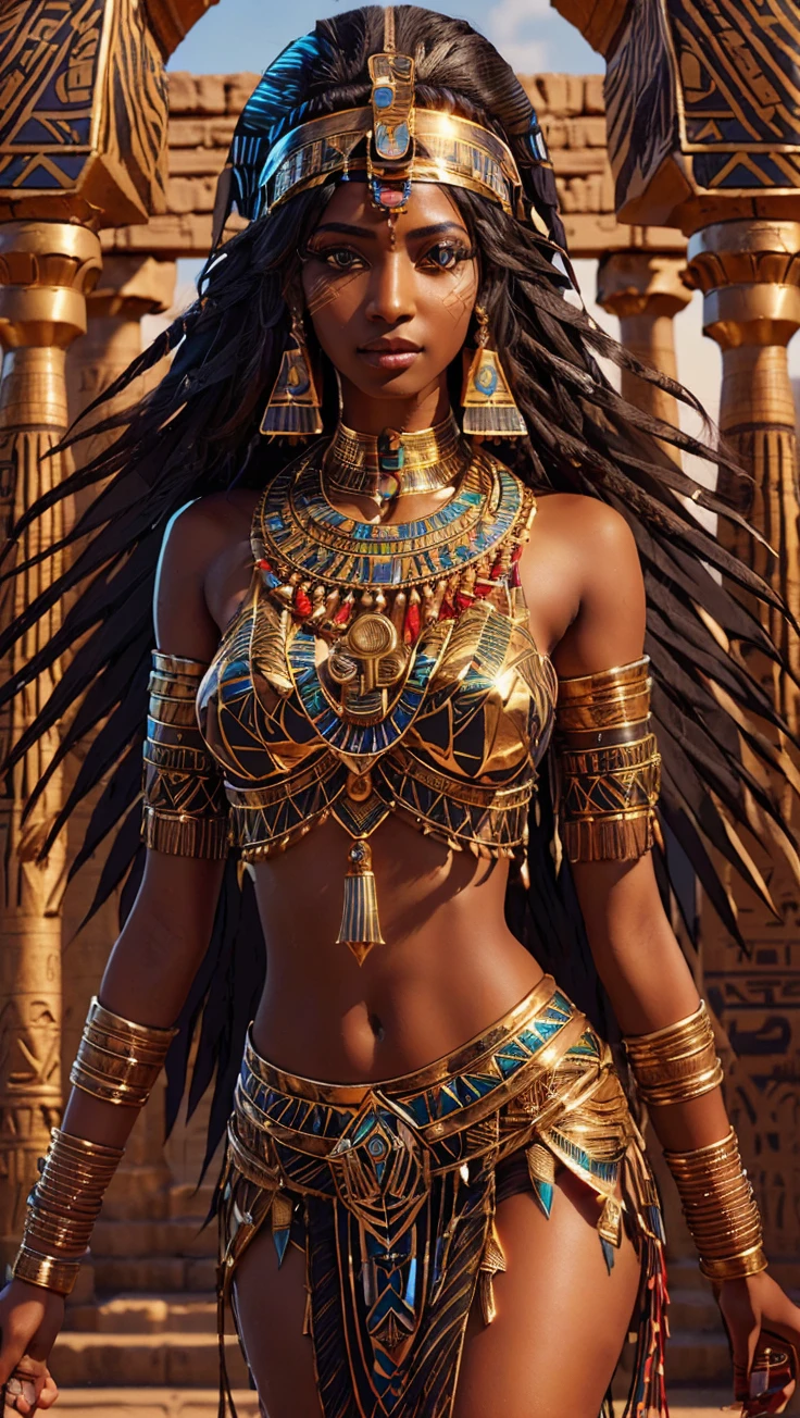 A close up of an Egyptian woman in a costume and a large headdress., dark skin female goddess of love, goddess. extremely detailed, Egyptian princess, Cleopatra beautiful , beautiful goddess, ancient goddess, epica 3 d oshun, egyptian, portrait of a beautiful goddess, kemetic, a stunning portrait of a goddess, Stunning Egyptian Princess, egyptian clothes