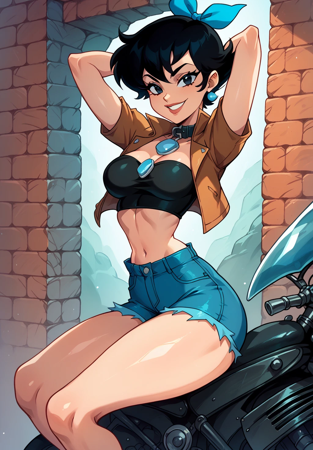  Betty Rubble (flintstone),smile, light skin,   short black hair,  blue ribbon in hair , collar,   wearing brown leather jacket  ,black top,  tight low waist denim shorts ,fingerless gloves,   medium breasts, (  hands behind your head )),  narrow waist,     wide hips  ,   thick thighs  ,    looking at the viewer ,  smile,Alone.,colorful, leaning against the motorcycle  ,vintage black motorcycle ,   Graphite brick background  , perfect anatomy,perfect pose 