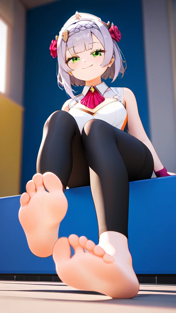 score_9,score_8_up,score_7_up,score_6_up,score_5_up, Sport outfit, after sport,  Solitary, completely smooth soles, Foot Focus, hypno feet, hypnotic feet, the girl tries to seduce viewer with soles of feet against his will, 3D Rendered Anime style, the girl shows soles of feet, foot focus, sole, shoe taken off, dynamic, acting casual but smug, smug teasing dynamic pose, smug face, very smug, young soles, five toes, sport shoe taken off,  1girl, solo, feet in my face, dominating, could ruin my life by controling me with her feet, cute girl, smooth soles, no wrinkles, swimming hall in background, sporty, hypnotic soles, smug face, manipulative girl, soles close-up, detailed skin, the girl is sitting on a wall, pale soles, the girl is noelle, nldf, green eyes, grey hair, short hair, braid, blunt bangs, hair ornament, hair flower, red rose, pink ascot, breasts, cleavage, long black leggings, bare feet