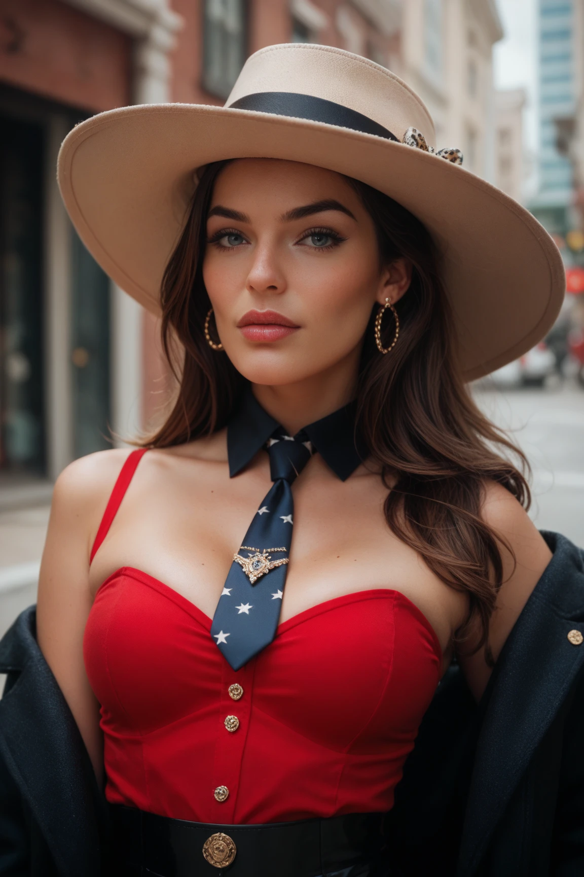 Fashion Photo of katie perry in animalprint smoking, tie, red top with deep neckline and borsalino hat , jewelry, latin style