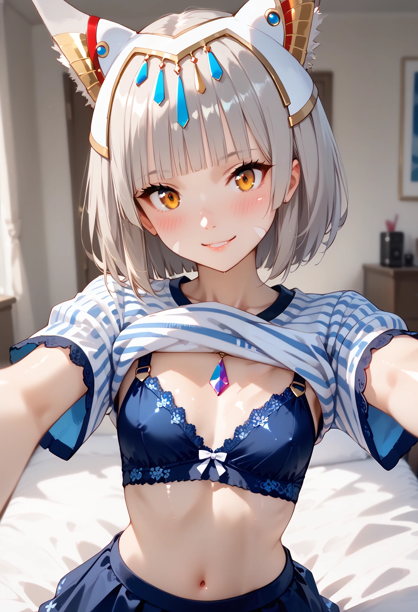 xc3Nia, cat ears, grey hair, short hair, blunt bangs, facial mark, tiara, chest jewel, BREAK, (light smile:1.3), (blush), (flat chest), thin waist, shiny skin, BREAK, striped dark blue lace shirt ,frilled skirt, BREAK, 
nsfw, pov, (selfie:1.2),phone_screen,head_in_of_frame, (fisheye distorted lens:1.2),on bed, bedroom, (shirt lift:1.2) ,puffy breast, focus breasts, show bra ,lace bra, navel, anatomically correct, (photograph, (8k), ultra-realistic, ultra detailed, high resolution, best quality, masterpiece, Sense of presence, dynamic, bold