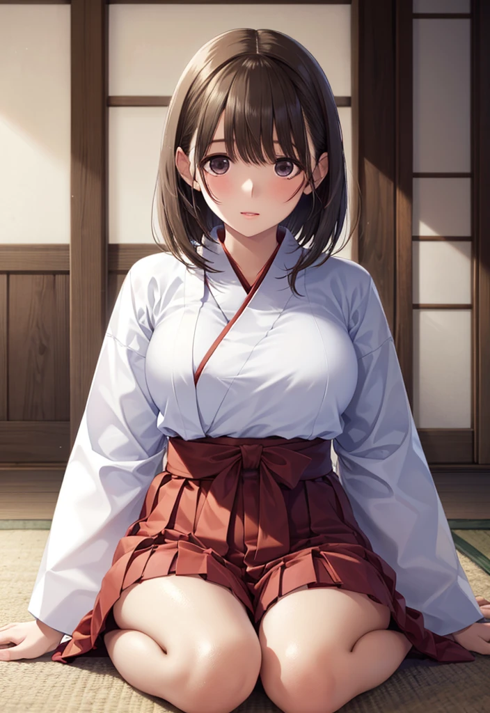 1girl,short hair,masterpiece,best quality,8K,photorealistic,detailed face,beautiful face,detailed skin,seikomatsuda,miko dressing,miko,red hakama,(full body),