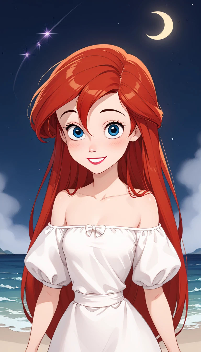 score_9, score_8_up, score_7_up, DisneyAriel, 1girl, red hair, blue eyes, long hair, looking at viewer, wearing a white off the shoulders ruffle top maxi dress, short sleeve, standing in the balcony near to the beach, waves gently lapping at the shore, night skies with shooting stars with blue and purple hues with sparkling stars, relaxed and contemplative atmosphere, upper body, smile, arms at side, a crescent moon