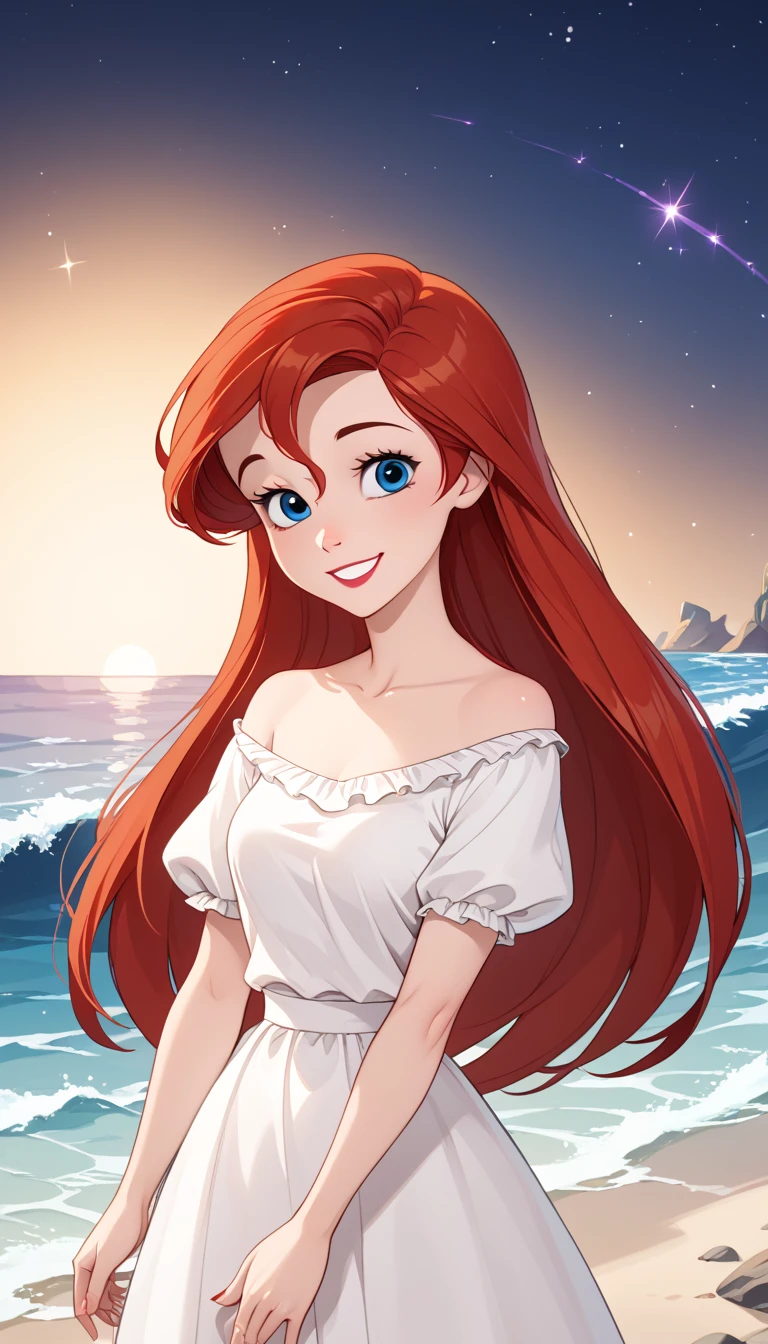 score_9, score_8_up, score_7_up, DisneyAriel, 1girl, red hair, blue eyes, long hair, looking at viewer, wearing a white off the shoulders ruffle top maxi dress, short sleeve, standing in the balcony near to the beach, waves gently lapping at the shore, night skies with shooting stars with blue and purple hues with sparkling stars, relaxed and contemplative atmosphere, upper body, smile, arms at side, a crescent moon