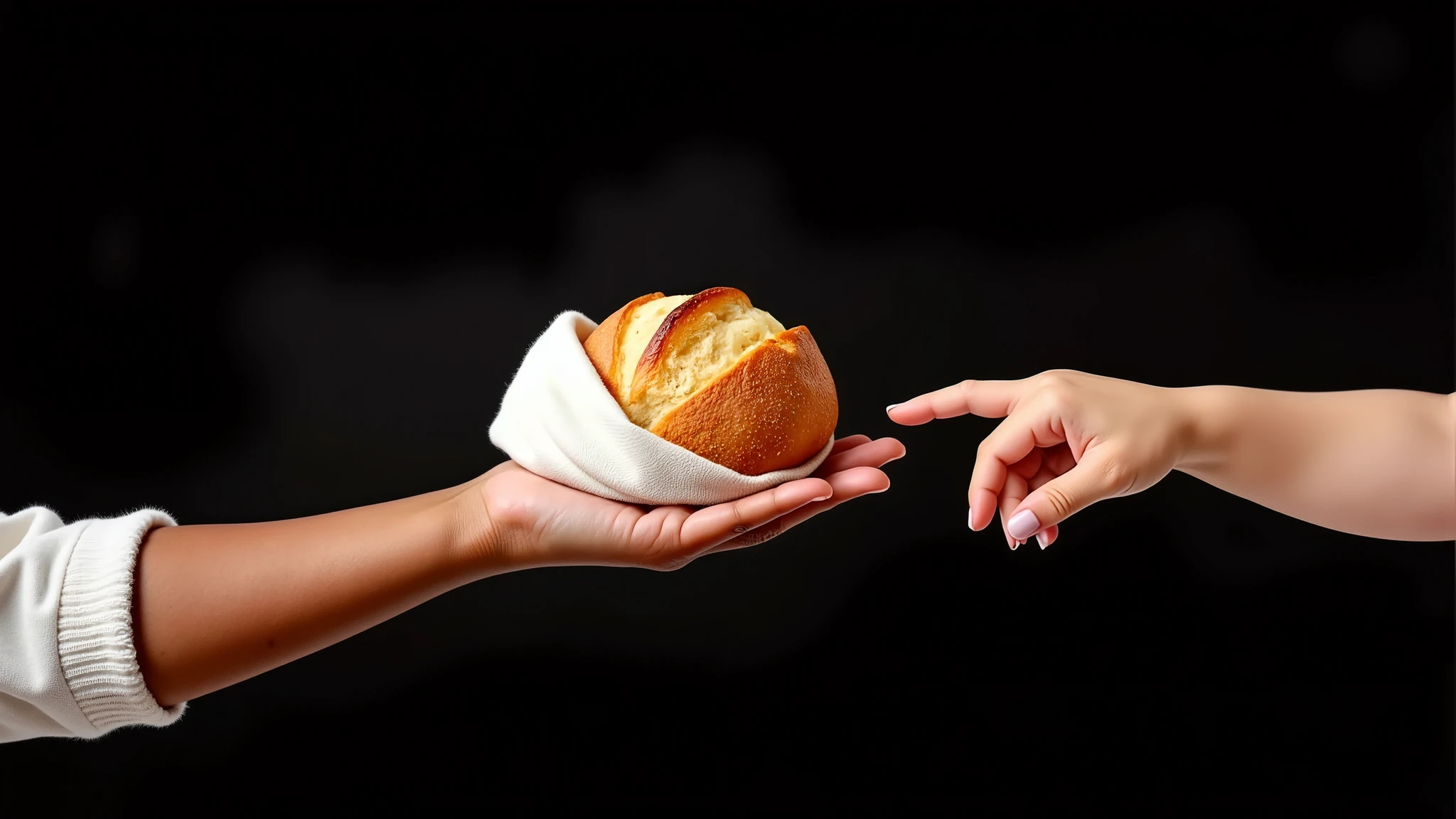 Inspired by the films in the posters and characters of Disney fix in 3D in high resolution and high quality create a close-up image of a hand of a light brown  girl extending her hand with bread wrapped around it in a white cloth on the other side a small hand of a baby stretches out and touches the bread with her finger all black background