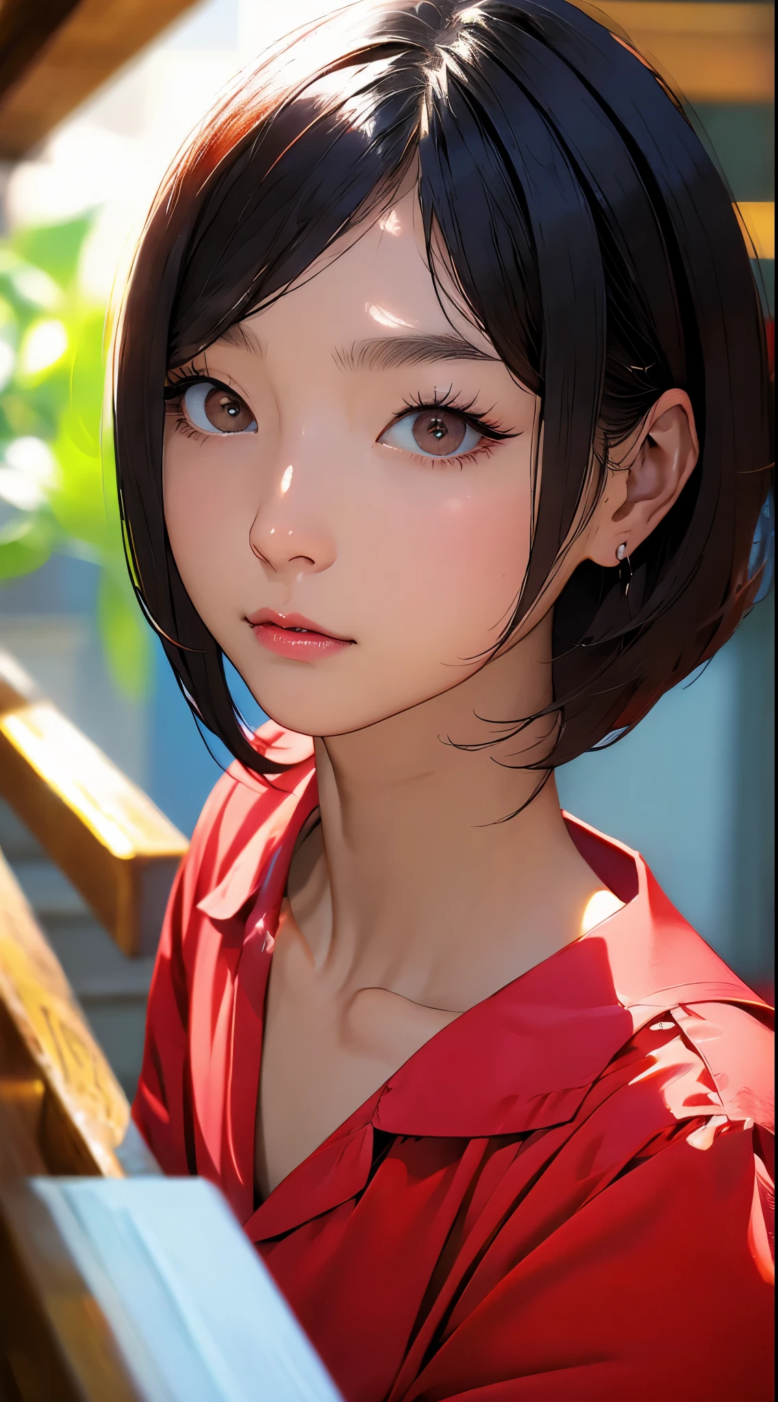  Beautiful Attractive Asian Woman、Half-body photo、 delicate and charming collar、 Attractive Oval Face 、 double eyelids 、Bright Peach Eyes 、 pink lips、small nose、 focused face 、 face close-up 、 black hair、 bob cut、 super high resolution、 super detailed、Extreme close up、 red shirt、sleepy
