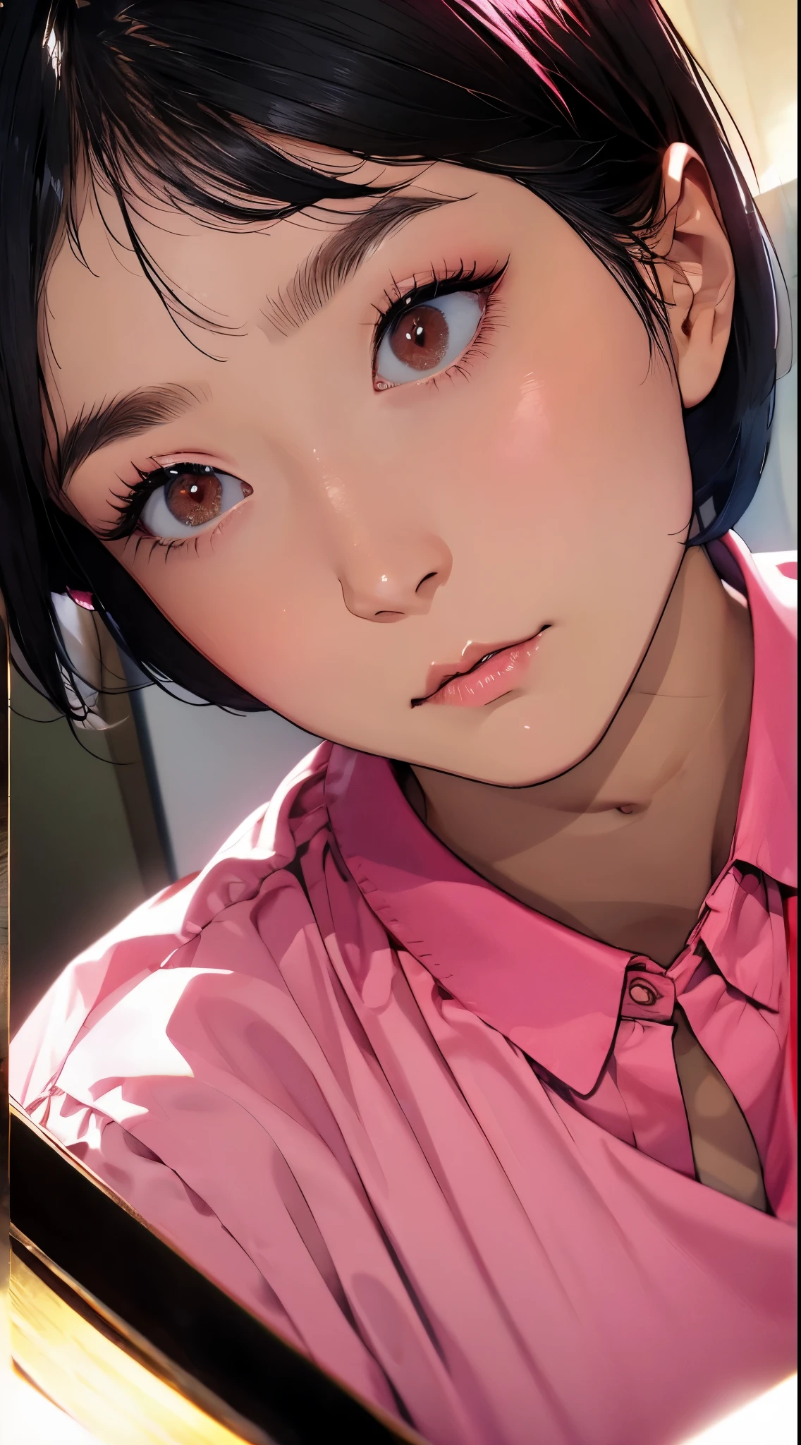  Beautiful Attractive Asian Woman、Half-body photo、 delicate and charming collar、 Attractive Oval Face 、 double eyelids 、Bright Peach Eyes 、 pink lips、small nose、 focused face 、 face close-up 、 black hair、 bob cut、 super high resolution、 super detailed、Extreme close up、 red shirt、sleepy
