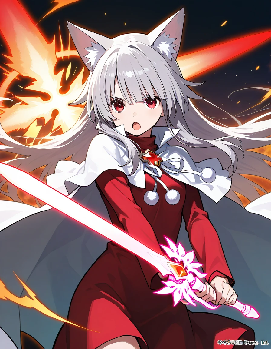 masterpiece,  top quality, good quality,  ,
 Bellflow _ Martini ,  1 girl, Alone, Gray Hair,((Mash Bang, with bangs)), open mouth, small animal ear shaped hair,  Red Dress ,  white cape ,Pom-pom (clothes),
 viewers who stop at the edge,  red crystal sword,((transparent sword)),Magic Sword,arms,  Long Sleeve , sword, red eyes, sword, hold,
orange aura , Magical Effects,