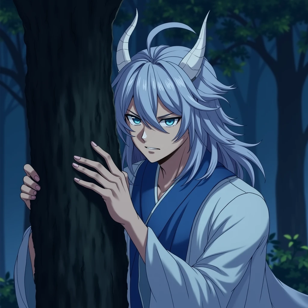 Beautiful 18 year old boy,Long blue hair,Two demon horns growing from his head.Wearing a Japanese kimono.nails are long,The fangs are sharp,Clothes with blood.Standing in the woods.