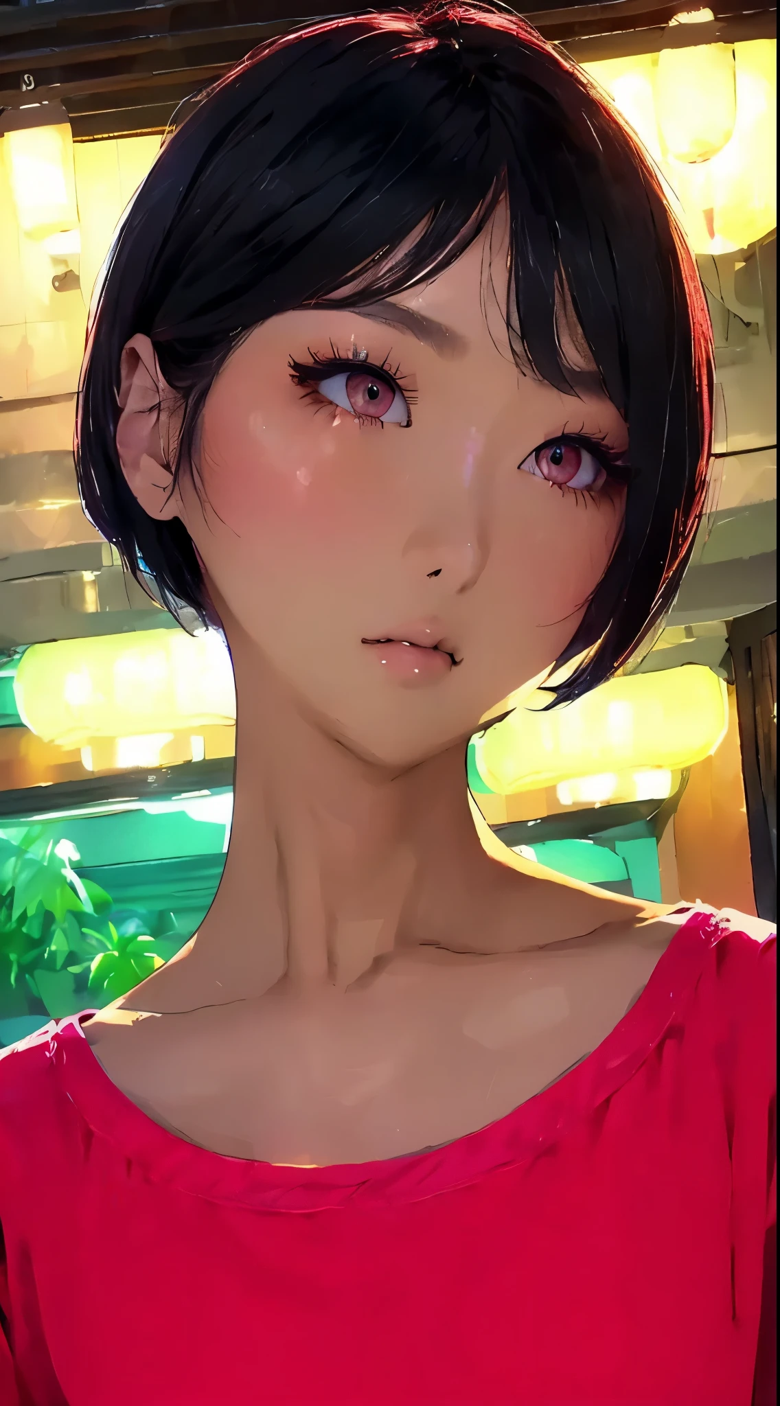  Beautiful Attractive Asian Woman、Half-body photo、 delicate and charming collar、 Attractive Oval Face 、 double eyelids 、Bright Peach Eyes 、 pink lips、small nose、 focused face 、 face close-up 、 black hair、 bob cut、 super high resolution、 super detailed、Extreme close up、 red shirt、sleepy
