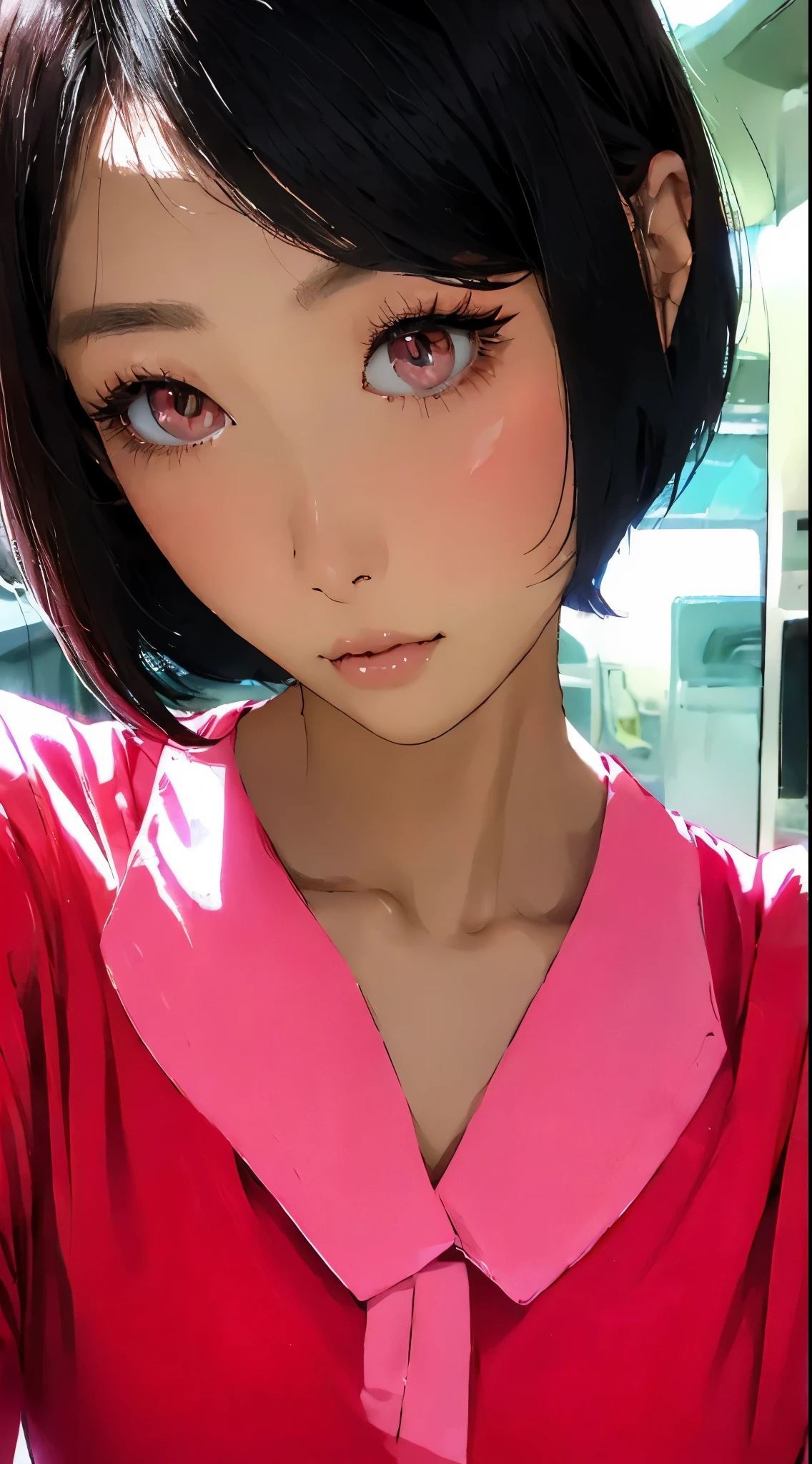  Beautiful Attractive Asian Woman、Half-body photo、 delicate and charming collar、 Attractive Oval Face 、 double eyelids 、Bright Peach Eyes 、 pink lips、small nose、 focused face 、 face close-up 、 black hair、 bob cut、 super high resolution、 super detailed、Extreme close up、 red shirt、sleepy
