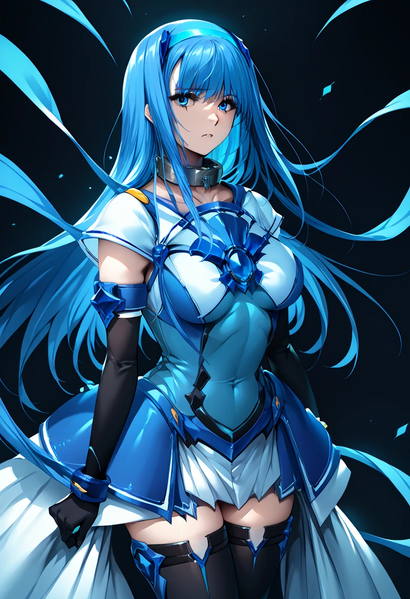 Eris Kycilia, blue eyes, blue hair, long hair, (If necessary, they are hung by large chest )
 Magical Girl, blue hairband,Elbow gloves,black thighhighs,Waist support,,(,  metal collars), show viewers,