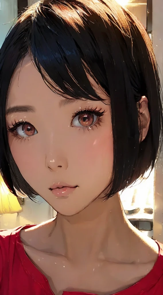  Beautiful Attractive Asian Woman、Half-body photo、 delicate and charming collar、 Attractive Oval Face 、 double eyelids 、Bright Peach Eyes 、 pink lips、small nose、 focused face 、 face close-up 、 black hair、 bob cut、 super high resolution、 super detailed、Extreme close up、 red shirt、sleepy
