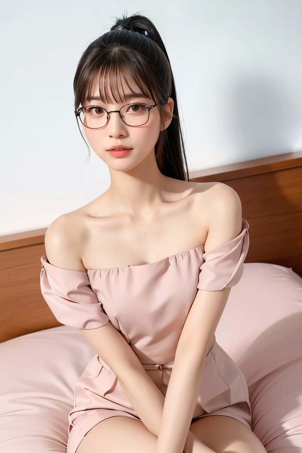 Cute idol-like face, Korean woman, white skin, Her hair is black high ponytail with bangs., Reality Photography, Clear picture quality, fair skin, glowing skin, Bedroom, Sleek and long legs, Top down view, glasses