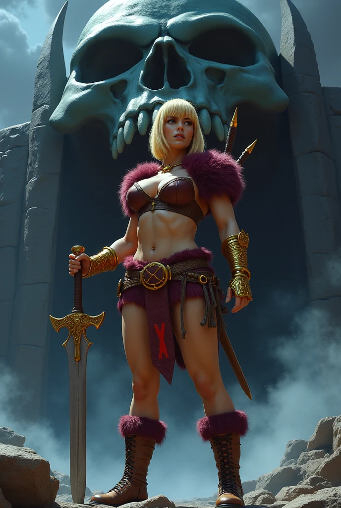 Sexy, Female (He-Man) from Masters of the Universe, Round Feminine Figure, Muscular, Short Blonde Hair, Gold Belt, Gold Wrist Bands, Short Dark Red Fur Tunic, Breasts Covered with a Strappy Leather Chest Guard with a Red X on the Chest, outside The Entrance to Castle Greyskull (open jawed Giant Skull as an entrance), holding The Sword of Power, Axe Strapped to Her back, Night Time, Mist, Fog