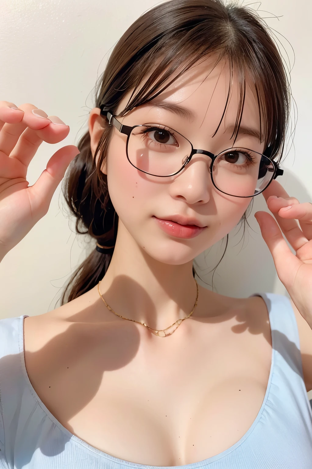 Cute idol-like face, Korean woman, white skin, Her hair is black high ponytail with bangs., Reality Photography, Clear picture quality, fair skin, glowing skin, Bedroom, Sleek and long legs, Top down view, glasses