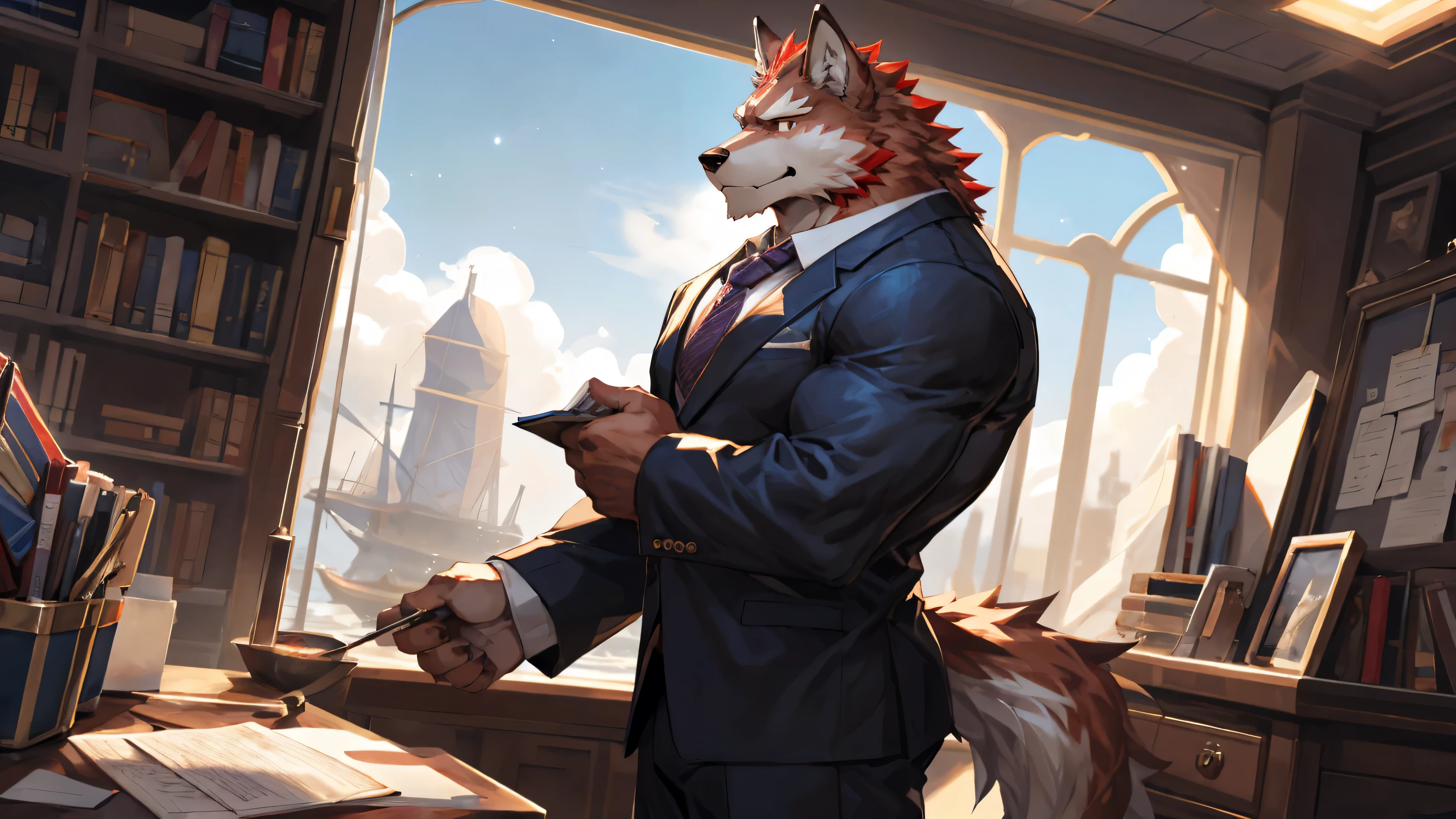 ((half body shot)),dynamic angle,depth of field, motion blur, absurdres, (best quality), (masterpiece), (ultra detailed),(detailed eyes),(serious eyes),(office suit),niji,anthro male,manly,(red wolf),(muscular),(wolf tail),Work in the room,(Space View),((studying)),ships room,(Day),handsome,standing,by null-ghost,by traver009,by pino daeni