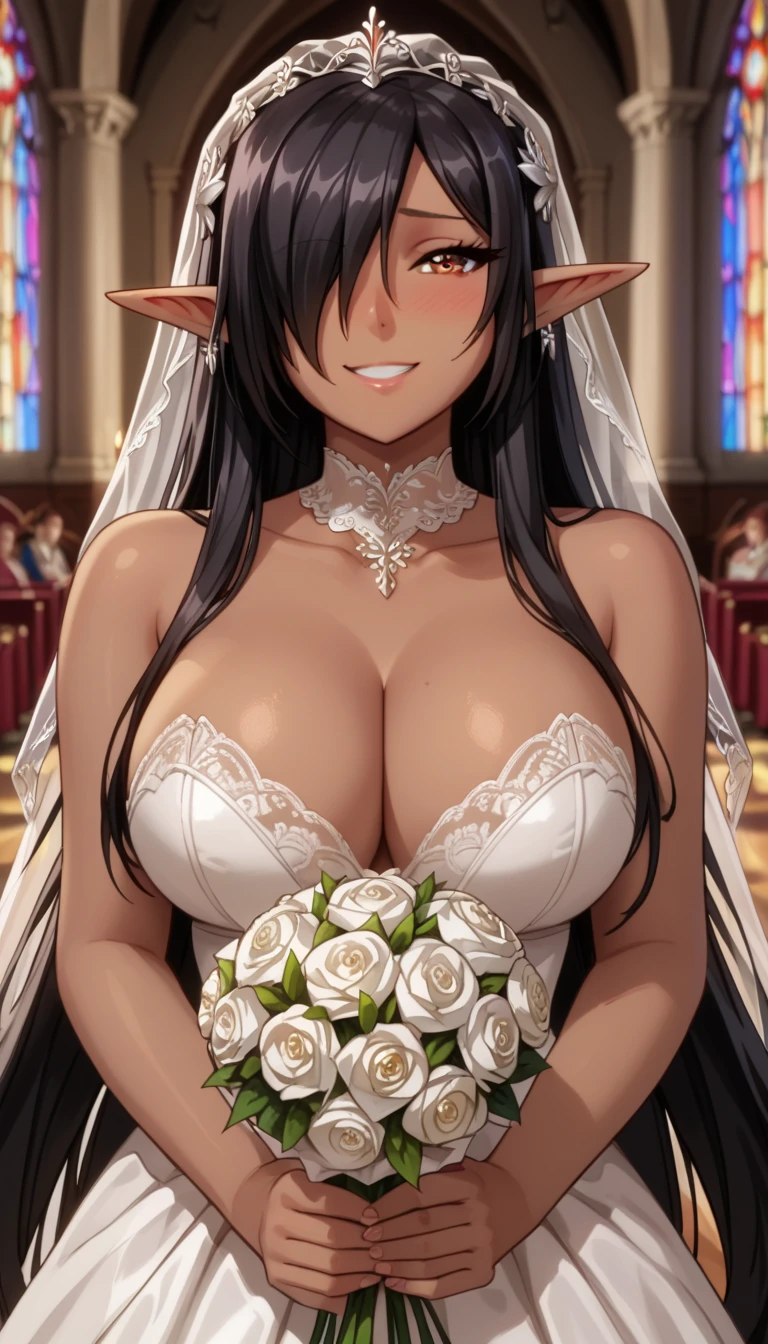 1girl,solo, olga discordia, long hair, black hair, brown eyes, very long hair, pointy ears, dark skin, hair over one eye, dark-skinned female, elf, dark elf, white wedding dress, large breasts, becklace, happy, smile,large breasts, wide hips, white church, cowboy shot, standing, presenting, face focus, view from front, close to viewer, embarrassed, shy, white veil, long eyelashes, blush, masterpiece,best quality, (anime screencap:0.8),8k,absurdres, blushing elven ears, wedding ceremony, holding wedding bouquet,