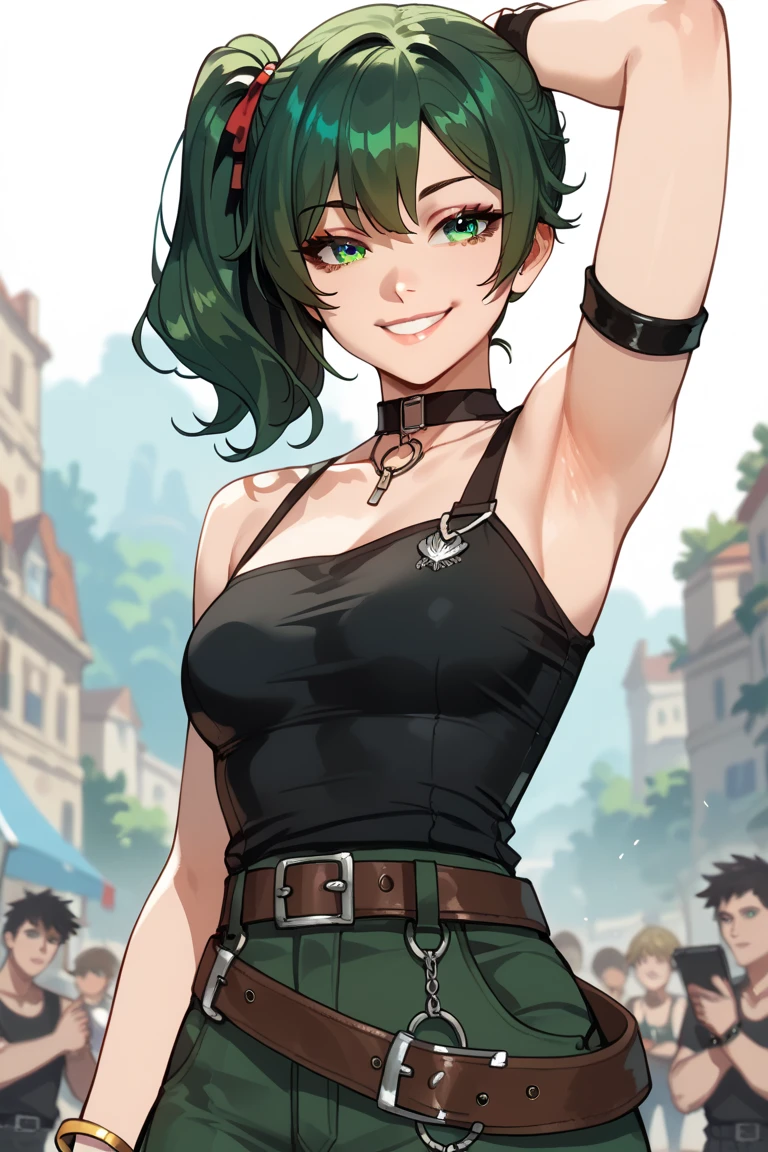  1 girl, Solo,,  high resolution,  boobs,  looks at the audience , smile, Short hair,side ponytail,green eyes,green hair, white background ,best quality, black shirt,bare shoulder,belt,Bracelet,Spread Armpit,Add Shadows