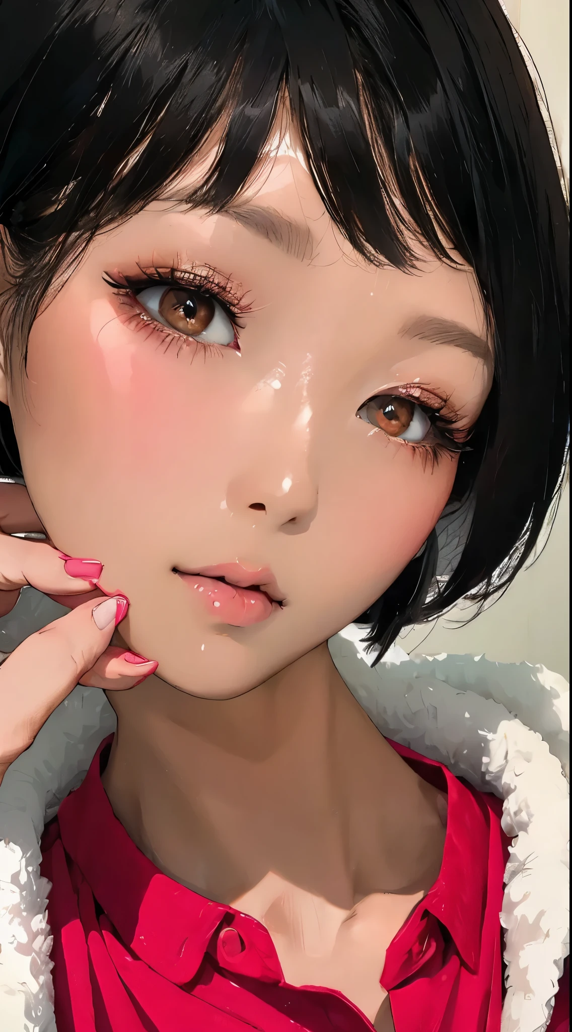  Beautiful Attractive Asian Woman、Half-body photo、 delicate and charming collar、 Attractive Oval Face 、 double eyelids 、Bright Peach Eyes 、 pink lips、small nose、 focused face 、 face close-up 、 black hair、 bob cut、 super high resolution、 super detailed、Extreme close up、 red shirt、sleepy
