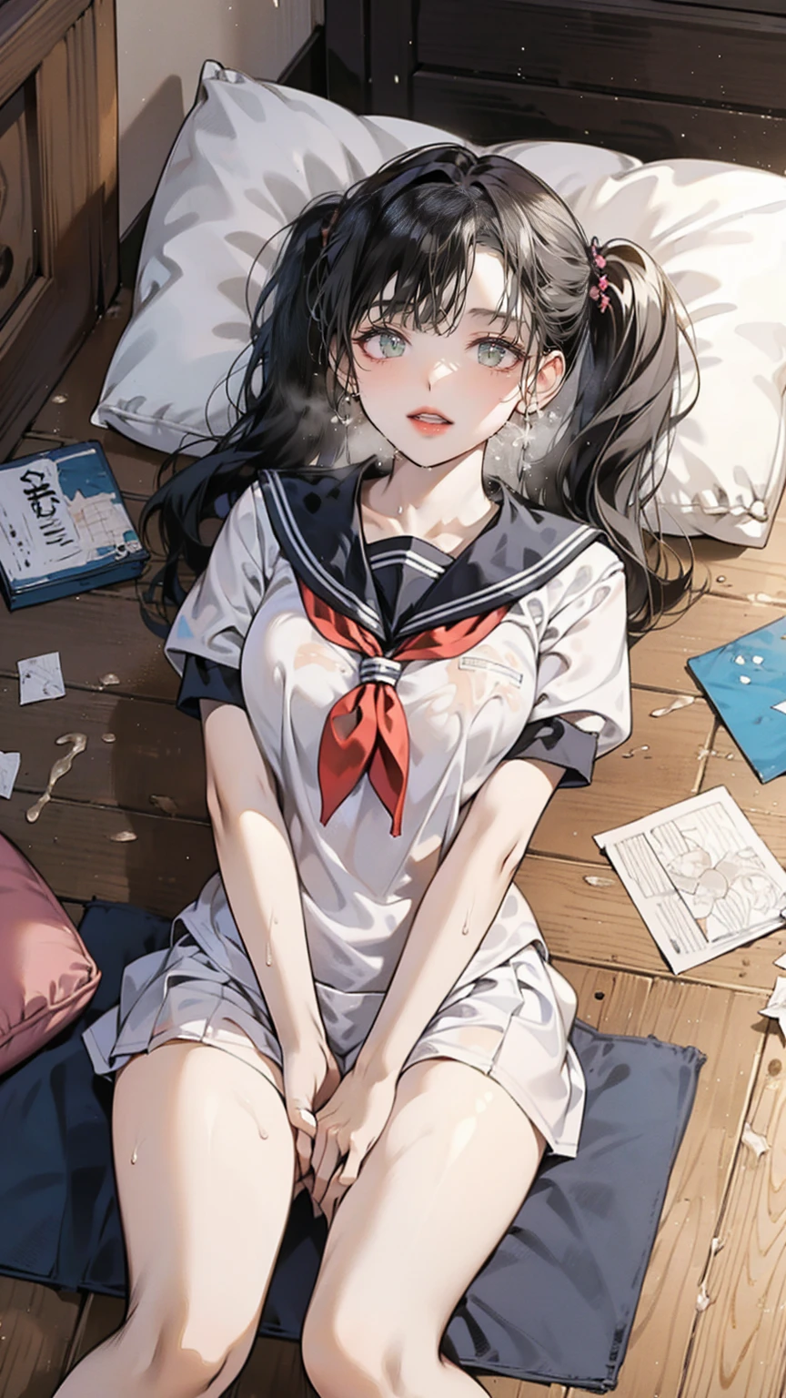 Portraiture,  Official Art ,  Masterpiece,  top quality,  highest resolution, 8k,  most detailed,   perfect anatomy break ShirayuKKC  ,  one girl, Alone,  skirt, shirt,  twin tails, School, sailor suit ,  sailor color, neckerchief , low  twin tails, short  twin tails,, (small breasts,  s_Like a build,  the length is short:1.2) Porn Warning,  masturbation , Straddle,   cowgirl positions in jail, Almuada, pillow, on pillow, Rubbing the groin BREAK ( Female Orgasm :1.3), (Obscene face,  red cheeks ,  closes the eye:1.2),   mouth BREAK 豪華なマンション,  bed, (  knight , mid  knight ,  Darkness:1.3), Particles of light, Dust, Highly detailed 16K CG wallpaper of a girl，(Close-up of faces)  mouth， excited， wet (((Sticky milkshake liquid))), wet((( In a state where、The milky  mixture is poured onto the gym clothes in large quantities ))), open your eyes, The whole body is covered in oilで光沢感がある　Tissue paper rolled up,　 Tissue paper rolled up,  used tissue paper placed on the floor ,　Excessive facial sweating,Sweat dripping,Sleep on a mat,pillowに頭を乗せている,Dirty duvet　 Very Old Thick Mat  ,Gym storage room,　 lots of used tissues on the floor  ,　Crumpled used garbage is scattered all over the place..,　Used tissues scattered in a room, mat covered with used tissues 　、 embarrassing　 dim room　Hardwood Floors　Rolled up tissues are scattered around、上半身はSchool&#39; Designated white gym clothes ., Blue Sleeves、Blue bloomer with lower body 、Close-fitting shorts、 College Student 、 illustration style　 Anime Style　 leaning against a wall 、 my mouth is wide open 、　 beautiful girl　Pink cheeks　Super Curly Hair　Super long sideburns　 headband　 big eyes　Droopy eyes　Shocking pink lipstick　Sweaty　 steam is coming out of my whole body　 steam rises all over the screen .　White Breath　Let　The whole body is covered in oil　 evening 　 Overall Orange Background 　sunset sunshine、 (pillowに頭を乗せる), (Cover the chest with a blanket), Chest Structure, Drawing the upper body,  College Student , My hands are raised and messy , /(  long black hair/), (Neat, Sparkling,  long hair),  open your eyes, (16:At midnight ), ( evening ) sunset,
