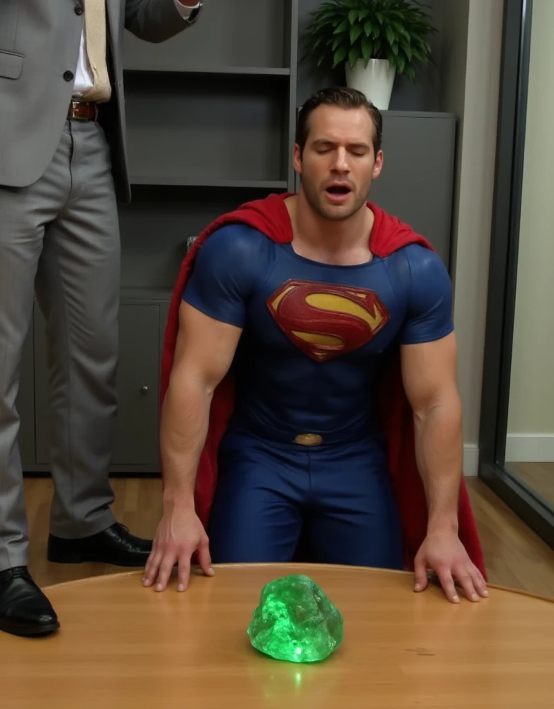 a muscular attractive h3nr4, Henry Cavil with Short stubble in a blue and red superhero costume with a prominent yellow 'S' emblem on the chest, crawling on a wooden floor, orgasm face, eyes closed, mouth open, head down, small glowing green rock on the floor. In the background, there is a blurred view of a modern office setting with shelves and a potted plant. Another person, only partially visible, stands nearby, wearing a gray suit and black shoes